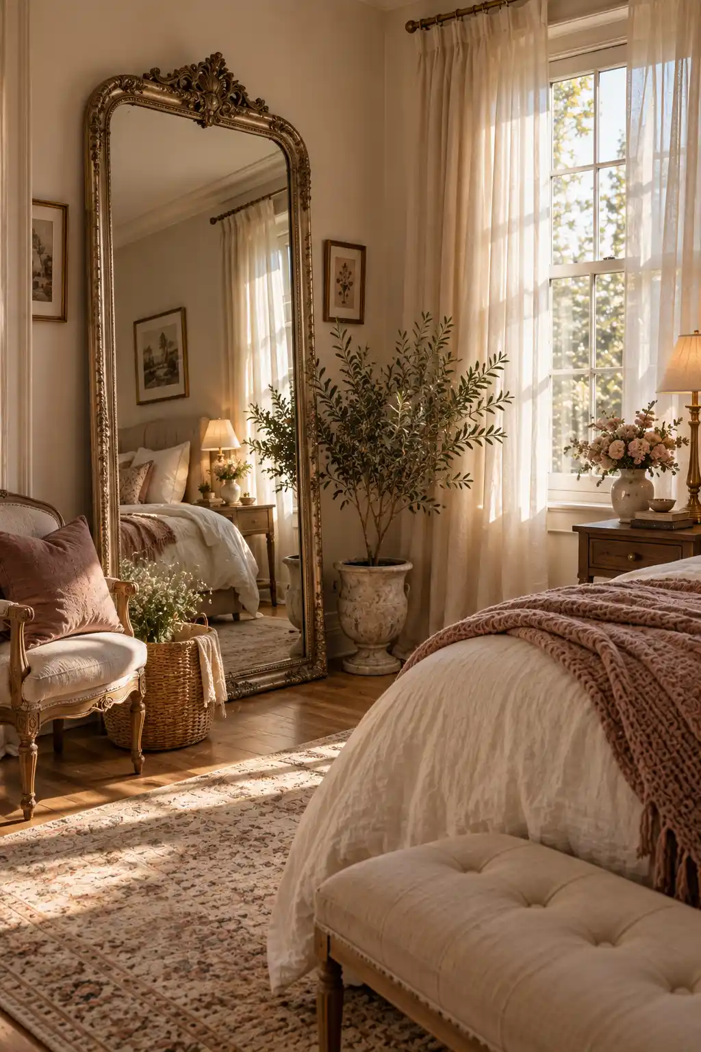 Romantic bedroom corner featuring a tall ornate vintage mirror leaning against the wall beside a cozy chair, soft textiles, and warm neutral decor.