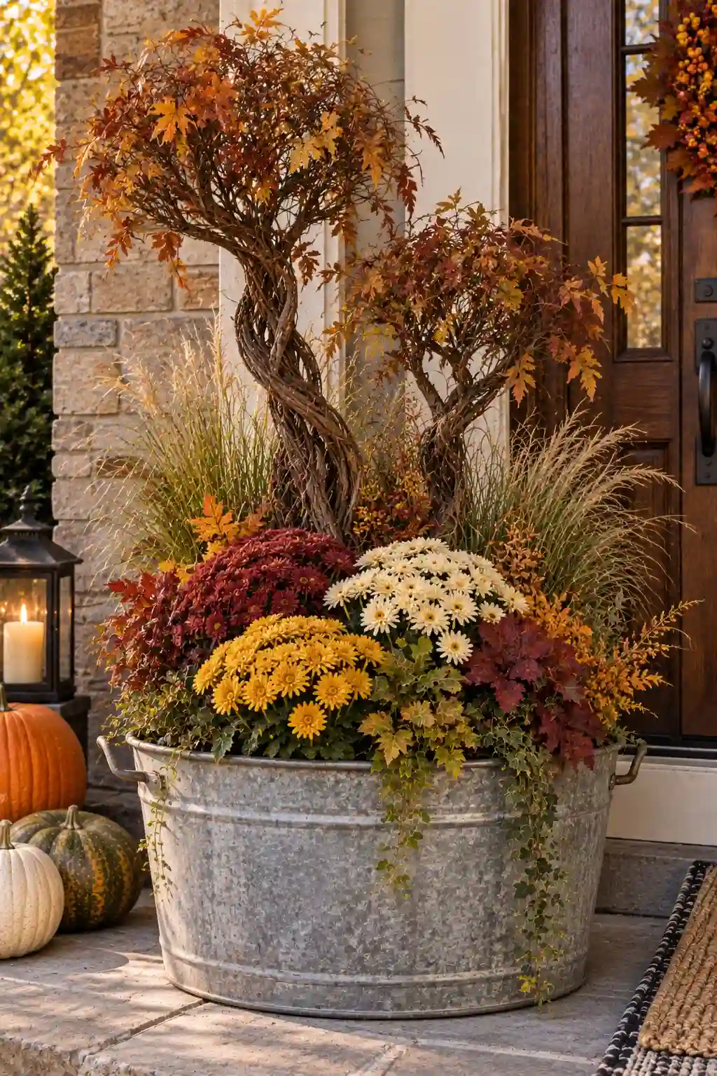 Large galvanized wash tub filled with sculptural grapevine trees, autumn mums, ornamental grasses, and colorful fall foliage on a porch.