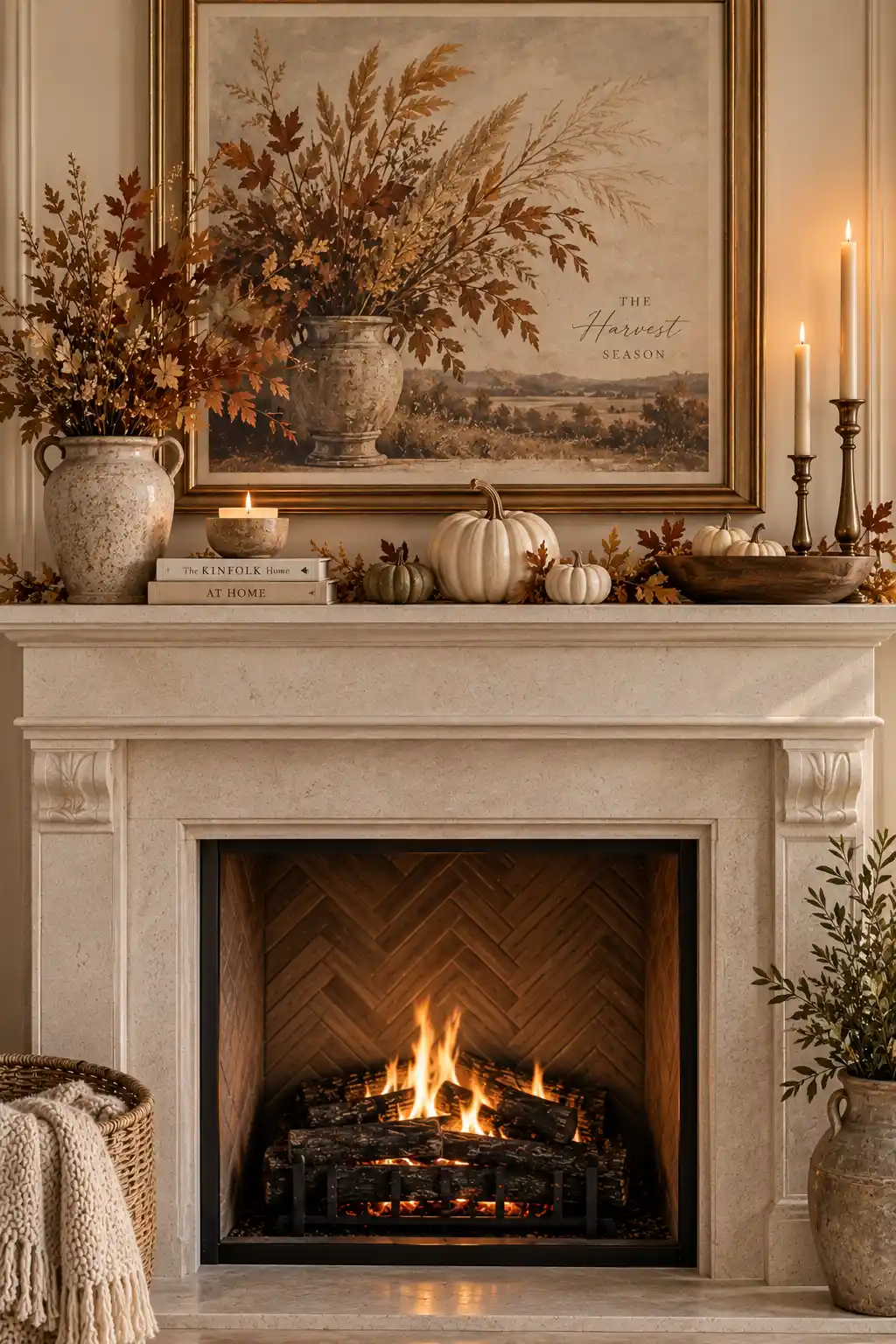 Elegant fall fireplace mantel featuring framed harvest-inspired botanical wall art above cream pumpkins, dried grasses, candles, and natural wood accents.