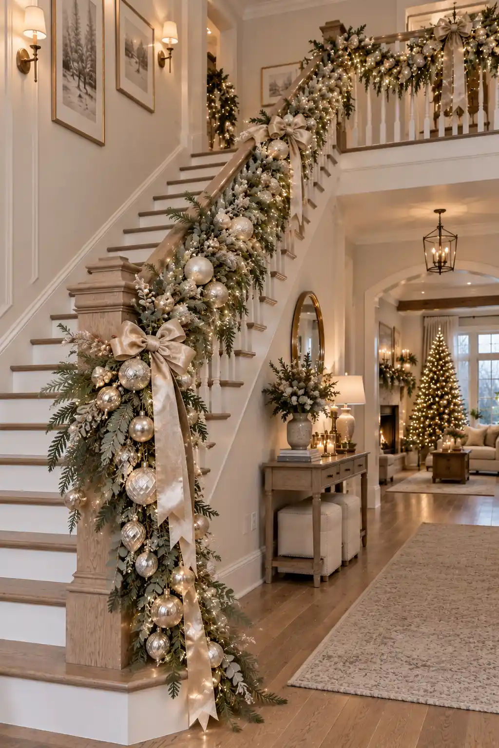 Sophisticated Christmas staircase featuring frosted eucalyptus and evergreen greenery, champagne ribbon, pearl ornaments, brushed-gold baubles, and soft warm Christmas lights.