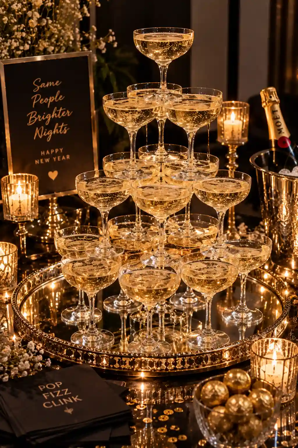 Romantic rose gold New Year's Eve party setup with metallic rose gold balloons, cream flowers, blush napkins, elegant glassware, and soft candlelight.
