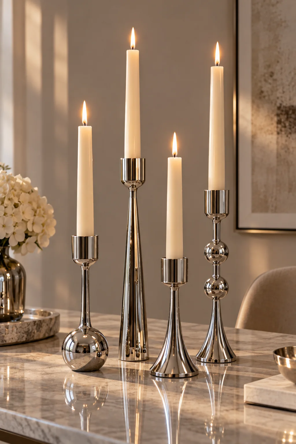Set of polished chrome candle holders with glowing taper candles arranged on a tabletop, reflecting warm candlelight for an elegant modern centerpiece.
