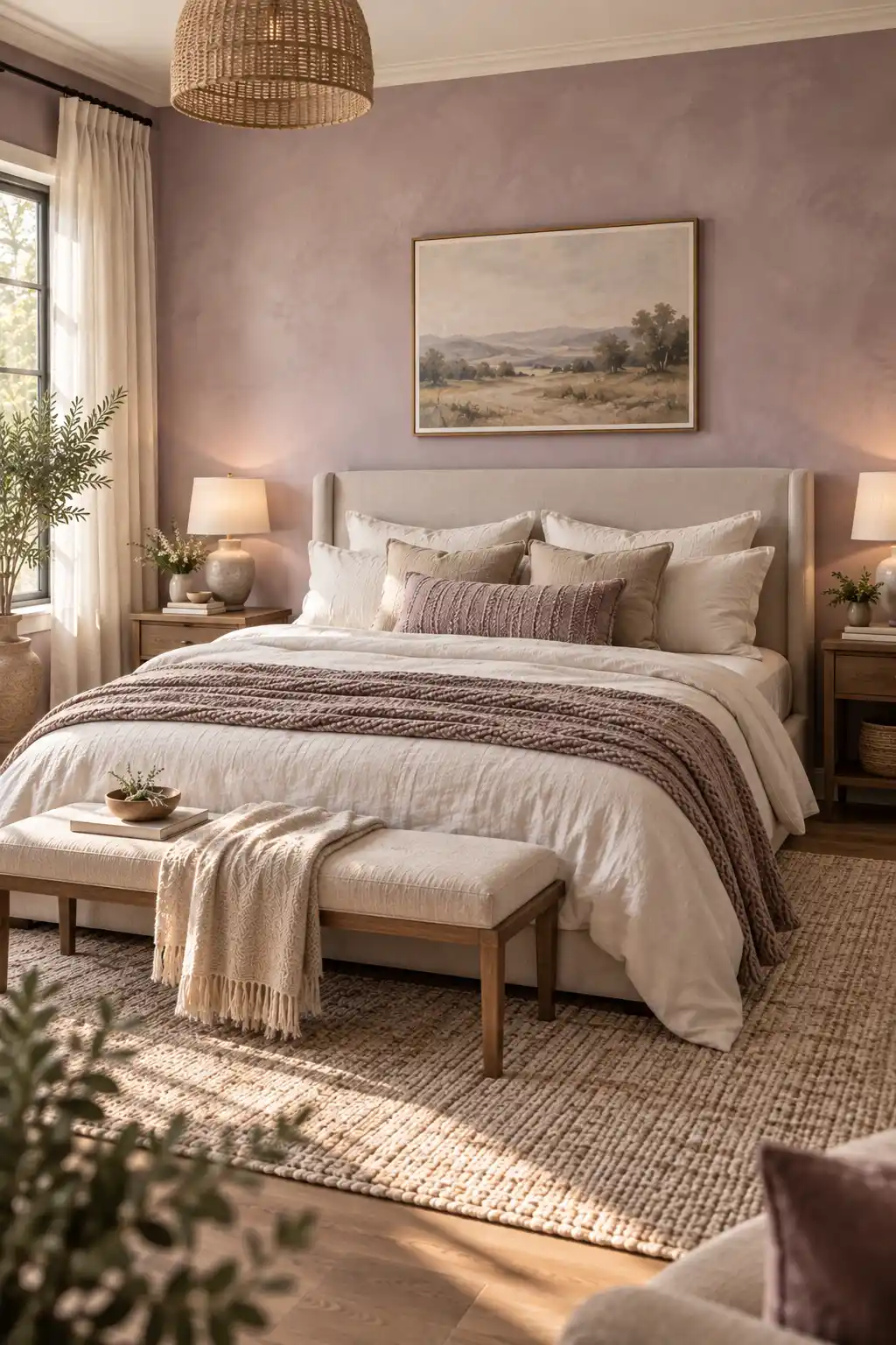 Dreamy bedroom with muted sage color-wash walls behind a soft upholstered bed, complemented by ivory bedding, natural wood, and gentle daylight.