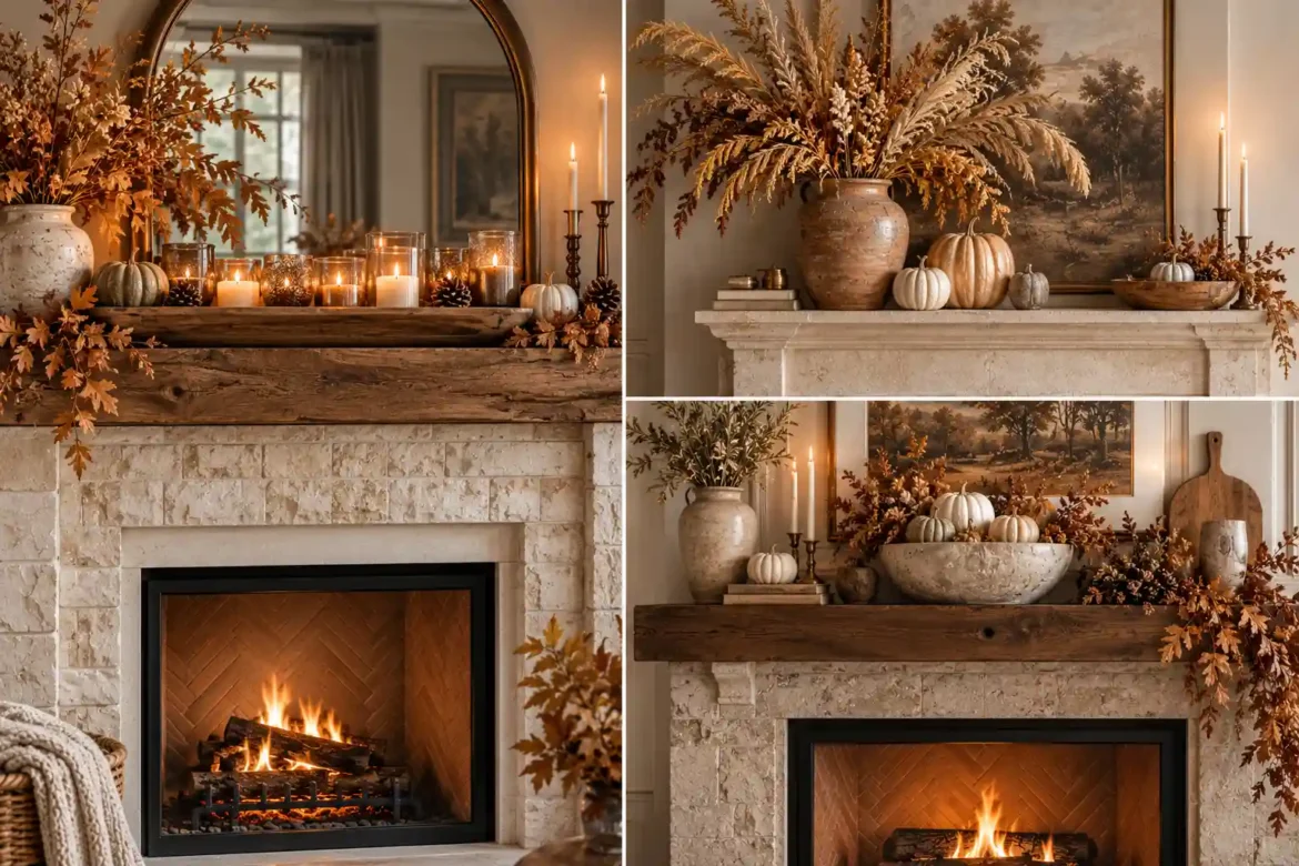 Vertical Pinterest graphic featuring four realistic fall fireplace mantel scenes with neutral pumpkins, dried foliage, candles, woven baskets, and natural autumn decor surrounding a central panel titled 15 Fall Fireplace Decor Ideas.