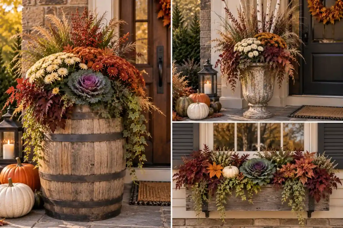 Pinterest-style fall porch decor graphic featuring 16 fall planter ideas with chrysanthemums, ornamental cabbage, pumpkins, grasses, ivy, rustic containers, and autumn entryway styling.