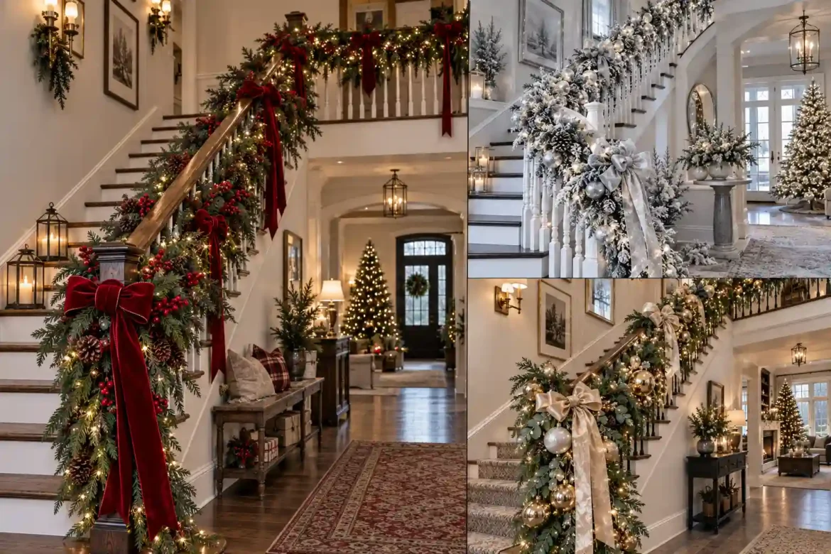 Christmas staircase decor ideas collage featuring four realistic festive staircases with evergreen garlands, red ribbon, snowy greenery, rustic pinecones, and elegant gold Christmas decorations.