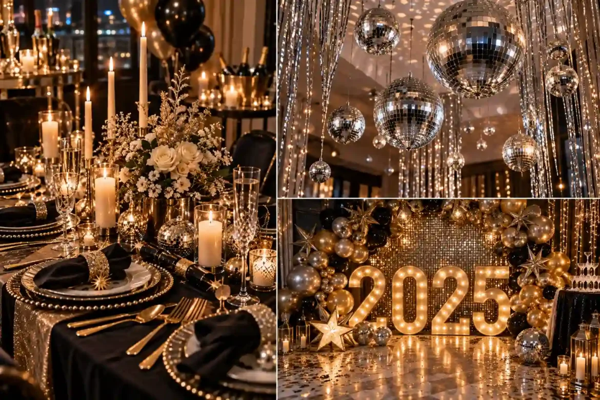 New Year's Eve party theme ideas collage featuring glamorous black, silver, and gold decorations, disco balls, balloon arrangements, countdown displays, sparkling backdrops, and elegant celebration tables.