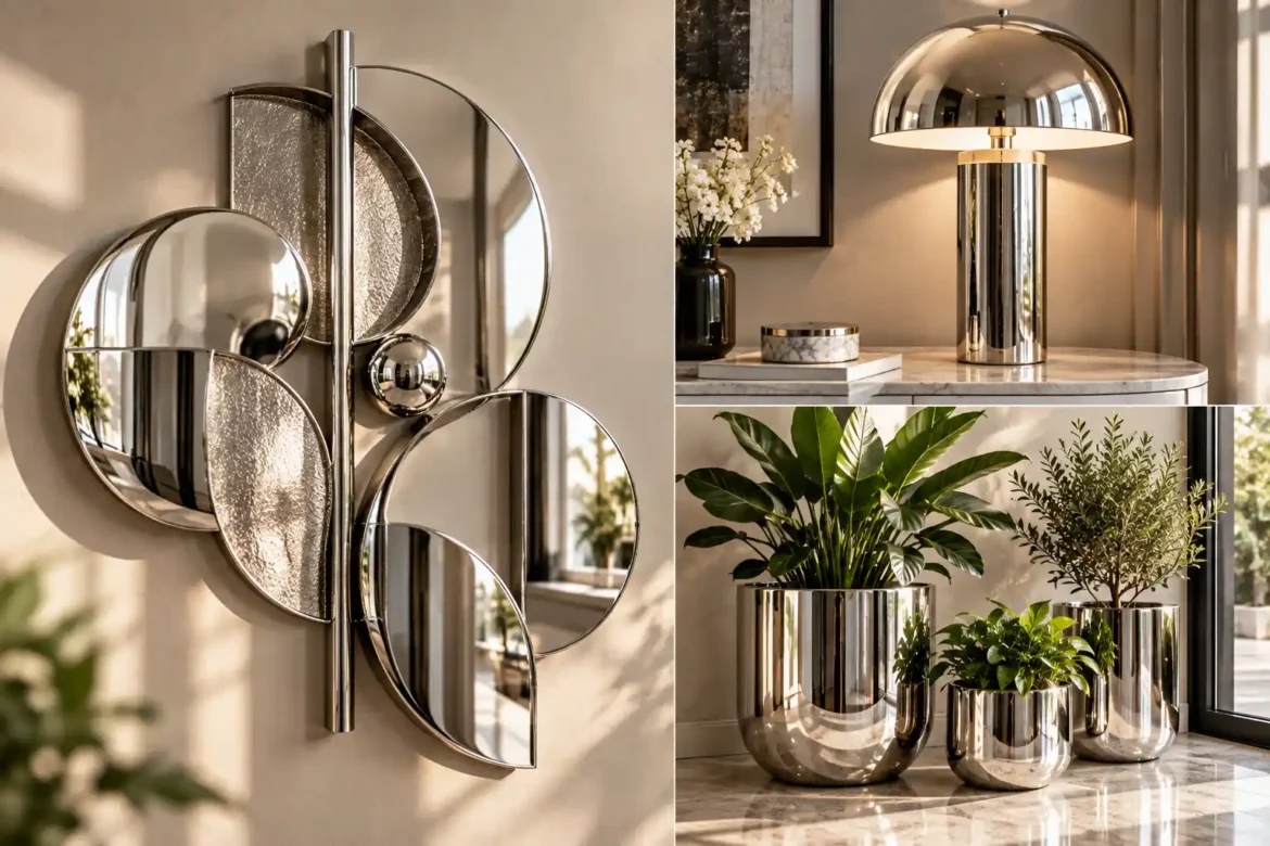 Four contemporary interior-design scenes showcasing stylish Chrome Home Decor Ideas, including a chrome table lamp, chrome bar cart, chrome wall sculpture, and chrome planters in sophisticated modern spaces.