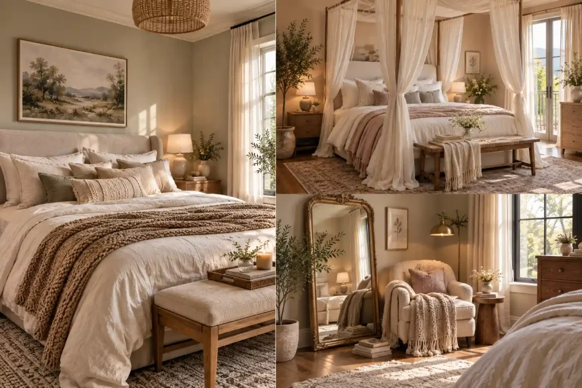 dreamy bedroom decor ideas layered linen bedding, a sheer canopy bed, soft neutral textures, warm natural light, and romantic decor details in an elegant Pinterest-style design.
