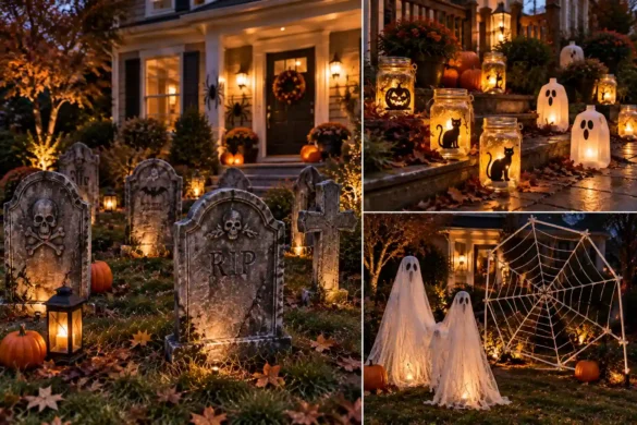 11 durable DIY Outdoor Halloween DIYs displayed in a four-photo editorial collage, including weather-resistant tombstones, glowing mason jar and milk jug lights, a PVC spider web, and outdoor fabric ghost sculptures.