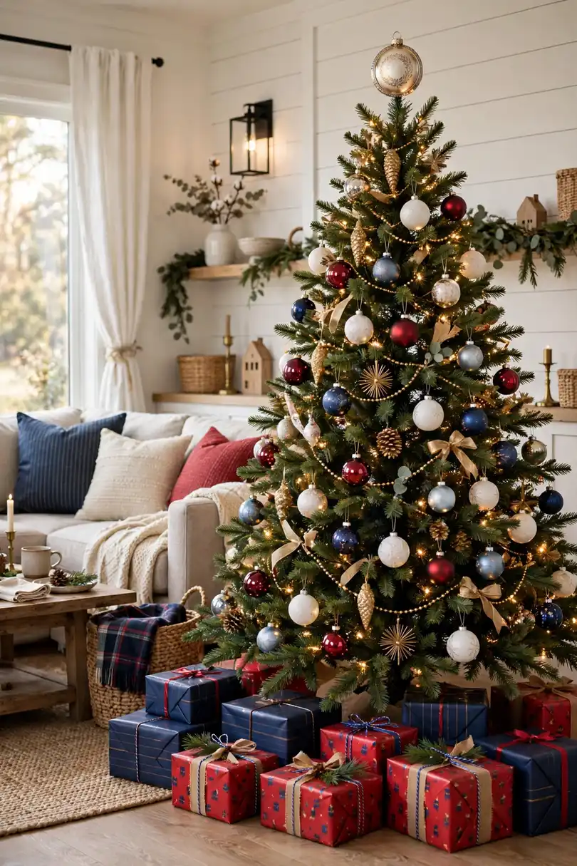 250th Americana Christmas Tree Americana Christmas decor tree with red white and blue ornaments and a 250th keepsake topper