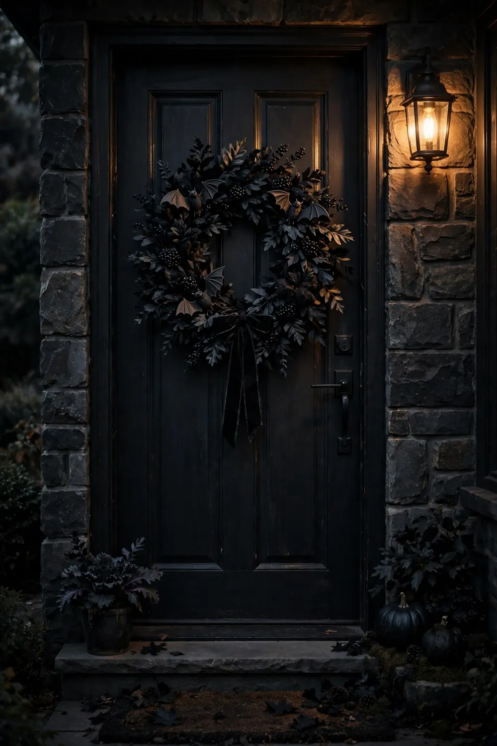 Spooky black foliage door wreath for halloween entryway decor ideas