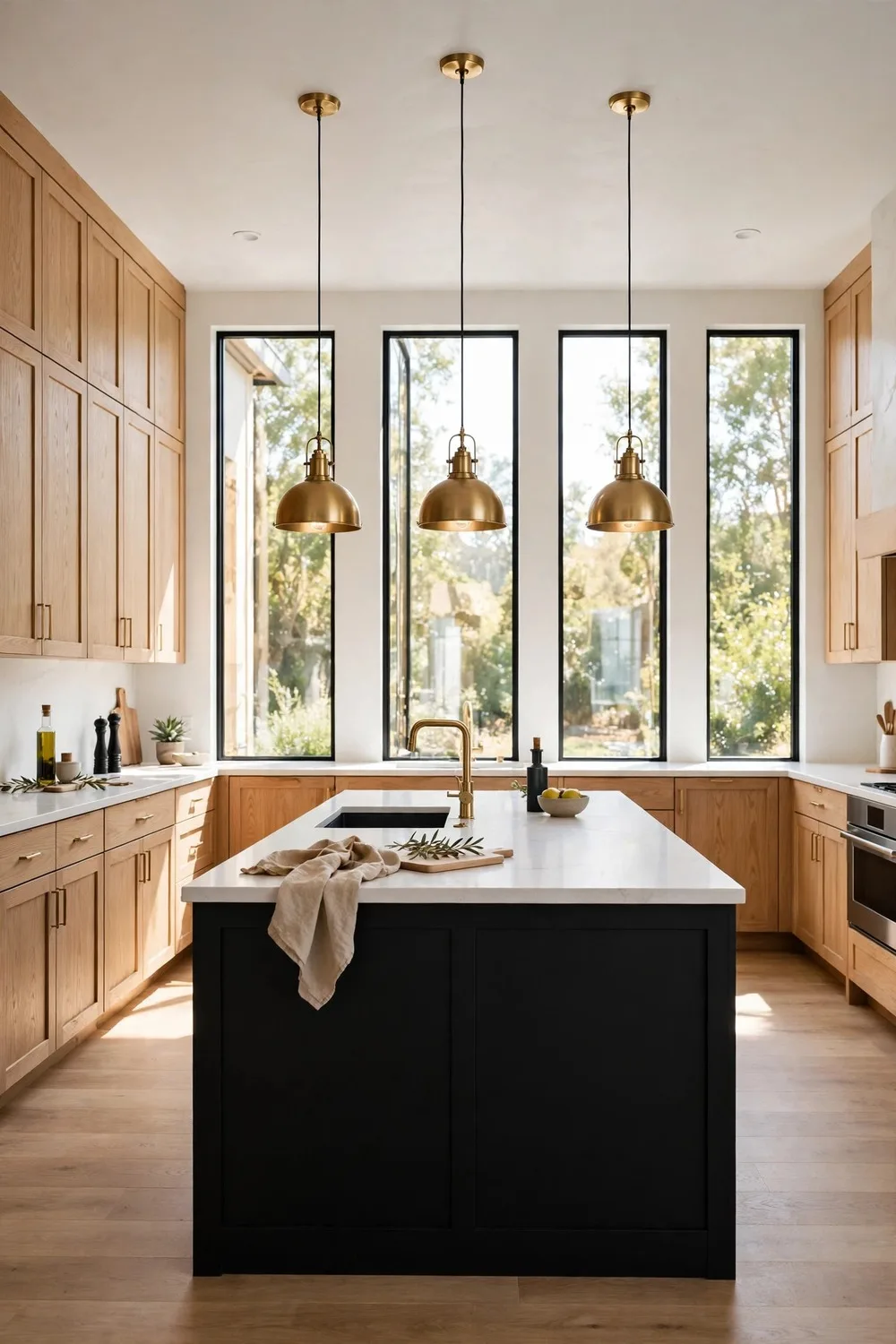 White oak and black kitchen ideas with black island and natural wood cabinets