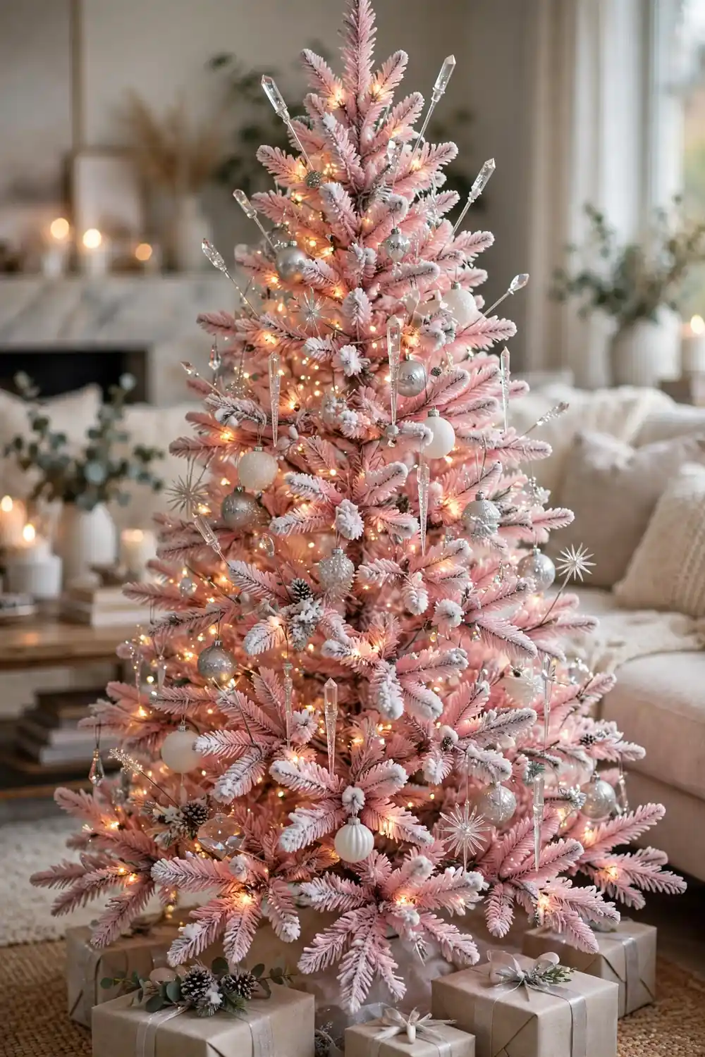 Blush pink flocked christmas tree with gold ornaments glowing in a cozy living room