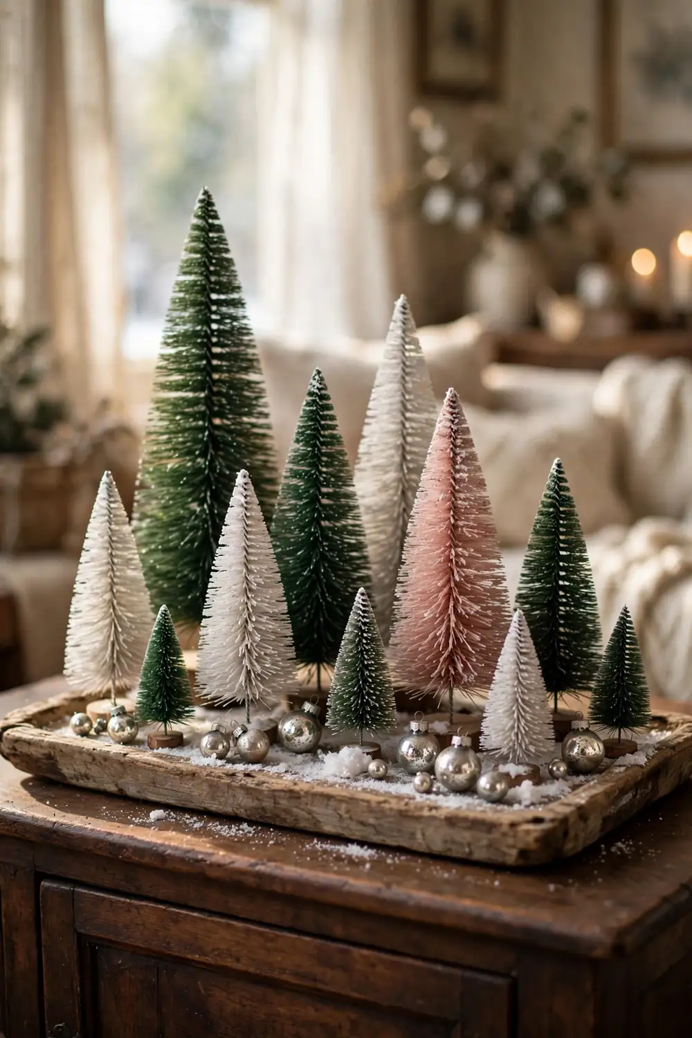 Vintage bottle brush tree collection vignette Cluster of vintage bottle brush Christmas trees on a wooden tray, a classic vintage christmas decor idea for a cozy living room