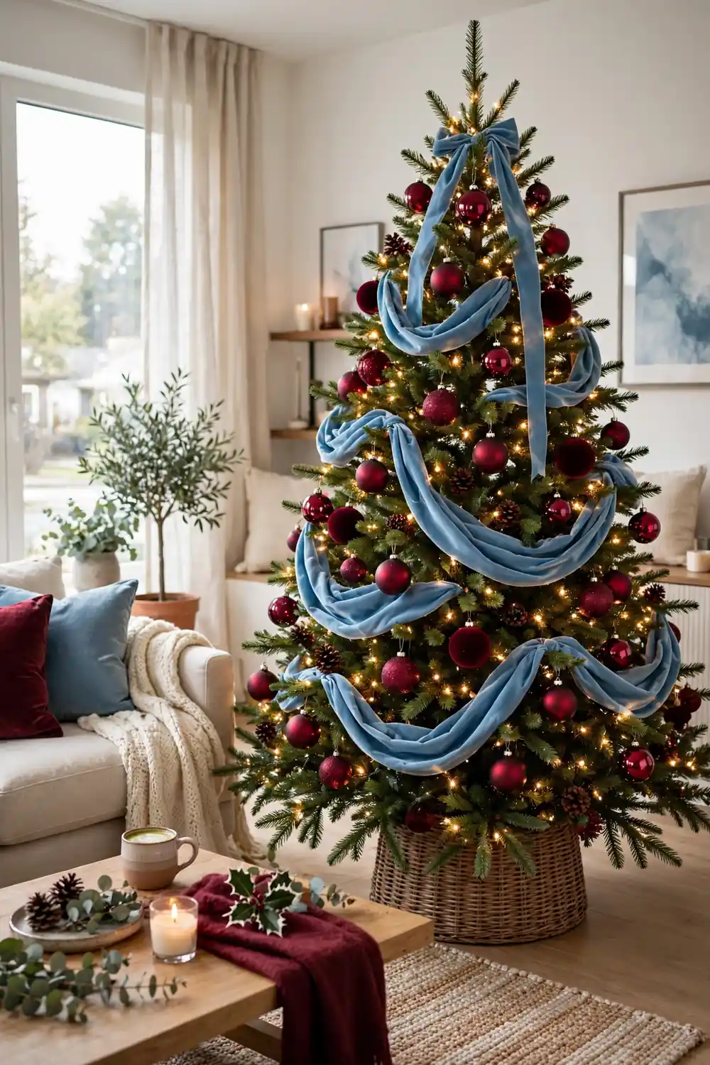Burgundy and sky blue Christmas tree with velvet ribbon swags Fresh green Christmas tree decorated with burgundy baubles and sky blue velvet ribbon swags