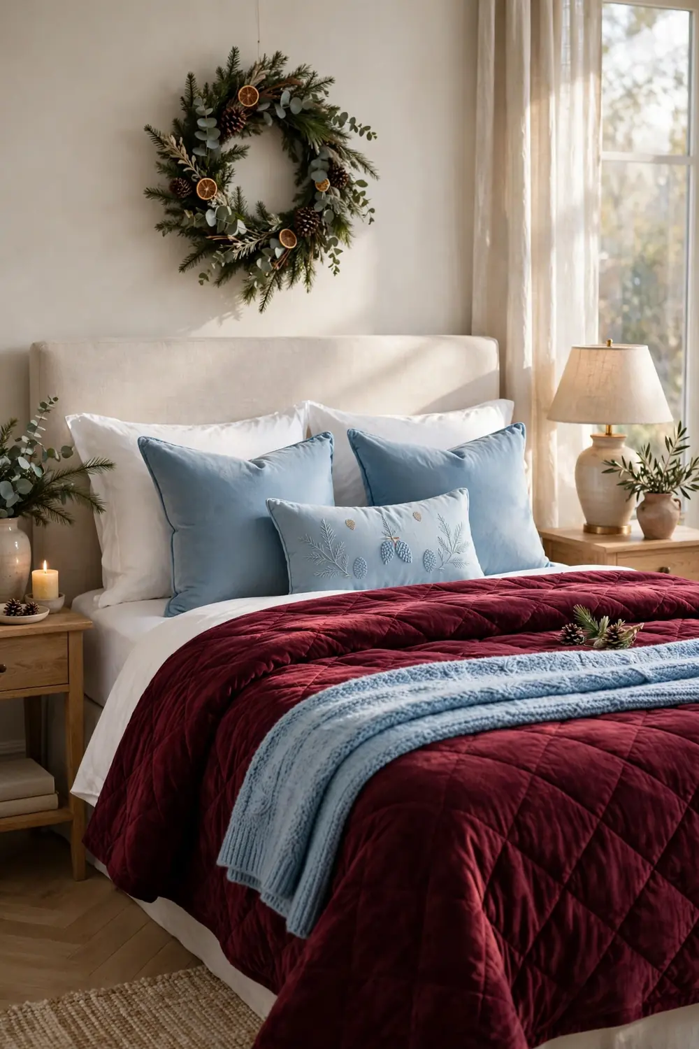 Bed dressed in burgundy and sky blue Christmas bedding with layered throws and pillows, one of the prettiest christmas bedroom decor ideas