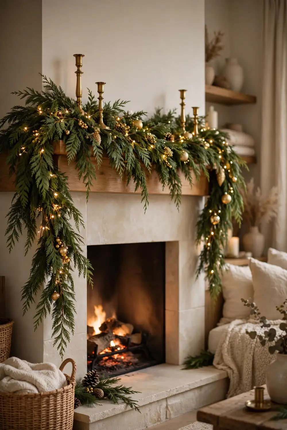 Christmas mantel decor idea with cedar garland and warm white lights Lush cedar garland with warm white lights, a classic christmas mantel decor idea with a full layered look