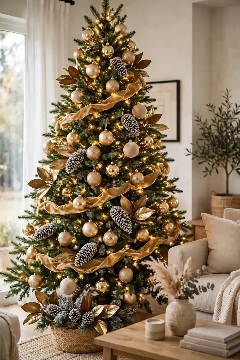 Champagne Gold Christmas Tree Decor Champagne gold Christmas tree decorated with gold ornaments, warm white lights and gold ribbon in a living room