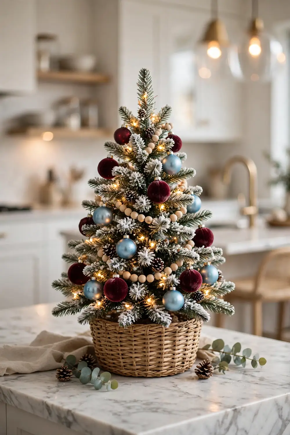 Mini Christmas tree with burgundy and sky blue ornaments on a marble kitchen island, one of the prettiest christmas kitchen decor ideas