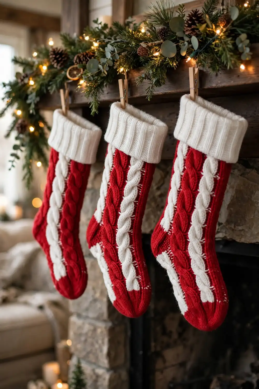 Classic Red and White Knit Christmas Stocking Decor Ideas Classic red and white knit christmas stocking decor ideas on a mantel with garland