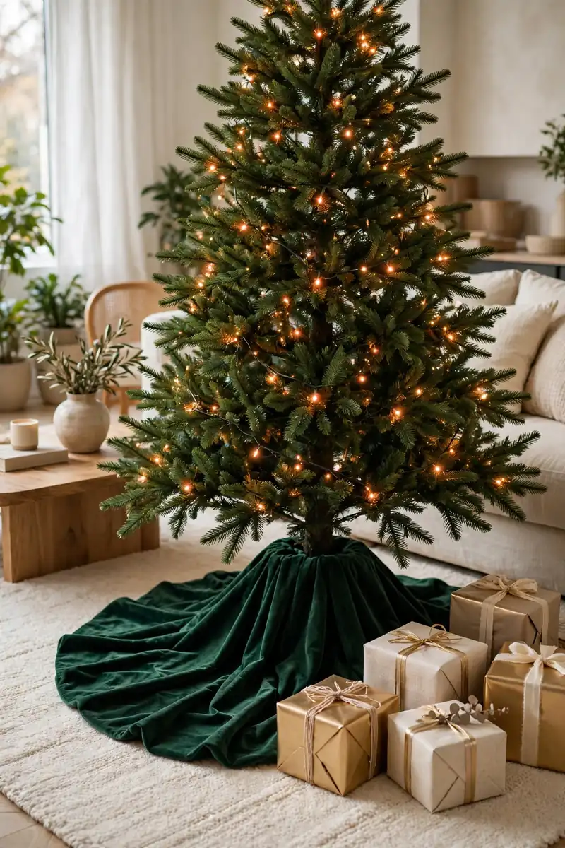 Velvet Christmas decor: deep emerald velvet tree skirt pooling around a glowing Christmas tree