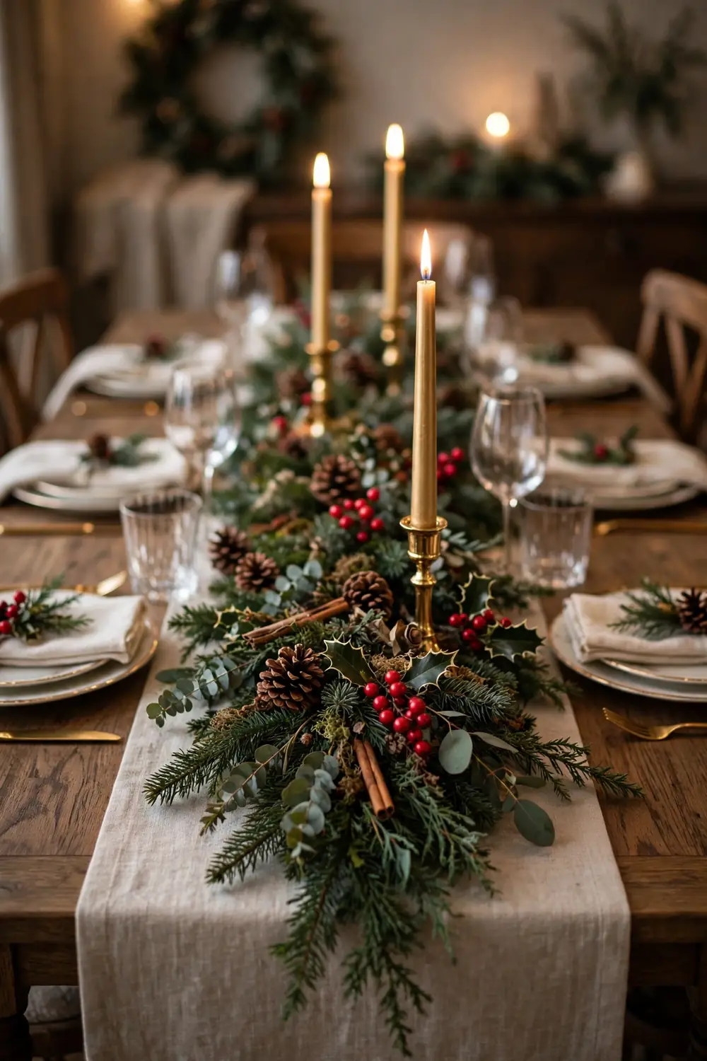 Classic Evergreen and Candle Runner Christmas Centerpiece Classic evergreen and candle runner, one of the best christmas centerpiece ideas for a holiday table