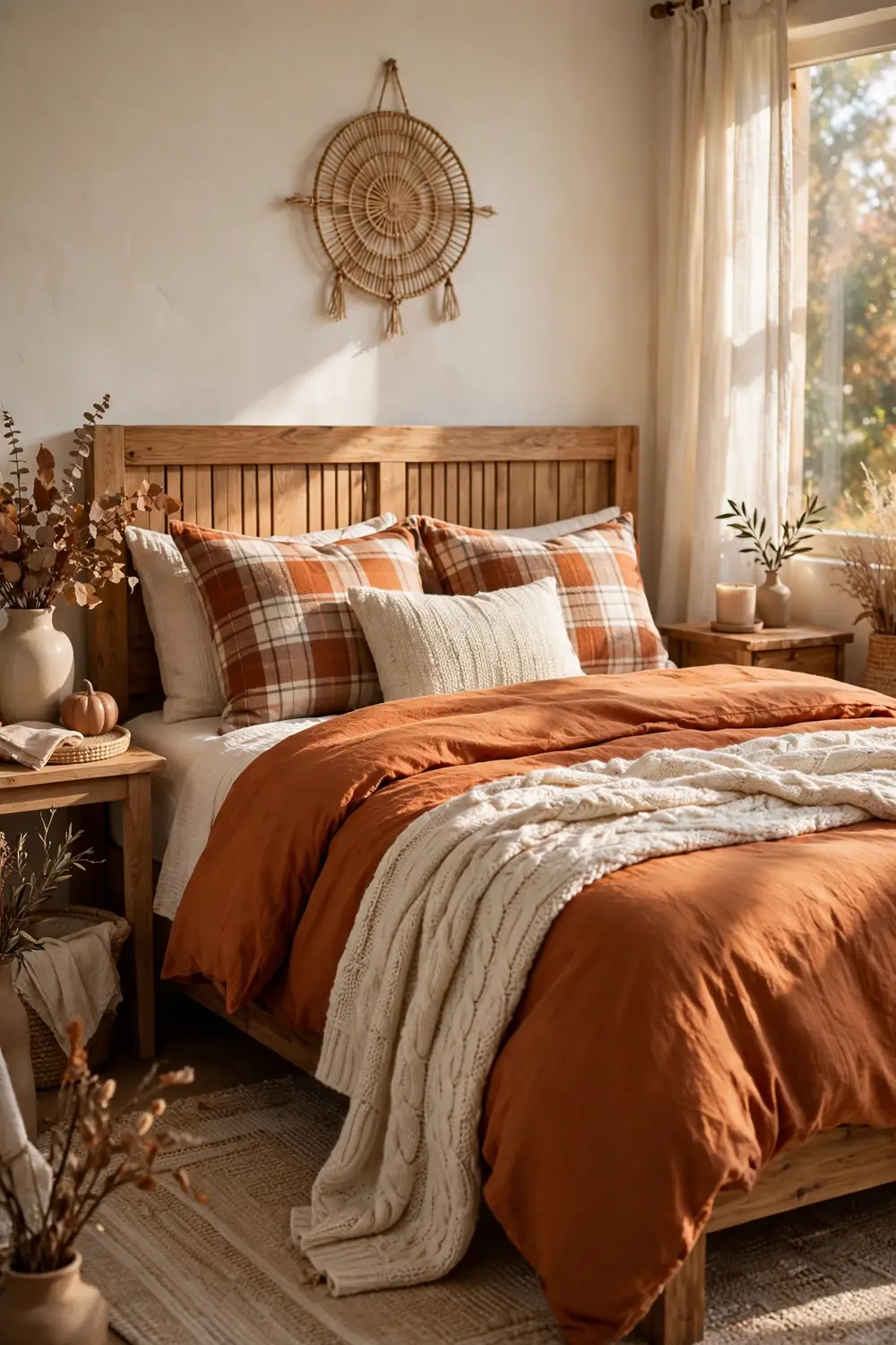Layered Fall Bedding in Warm Tones Fall bedroom decor with layered rust-orange duvet, cream knit throw and plaid pillows on a wooden bed