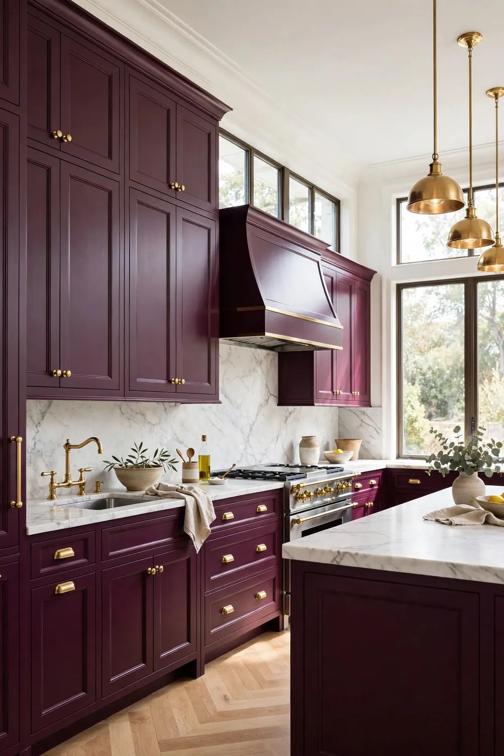 Aubergine kitchen idea with full deep purple cabinets and brass hardware