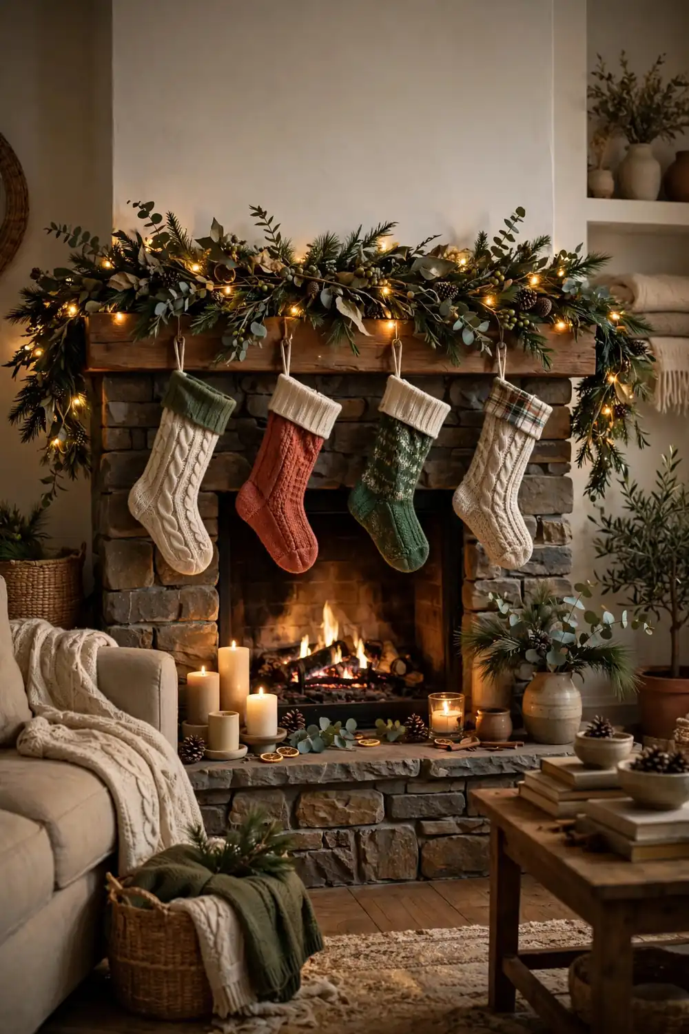 Christmas living room idea with layered garland mantel and stockings