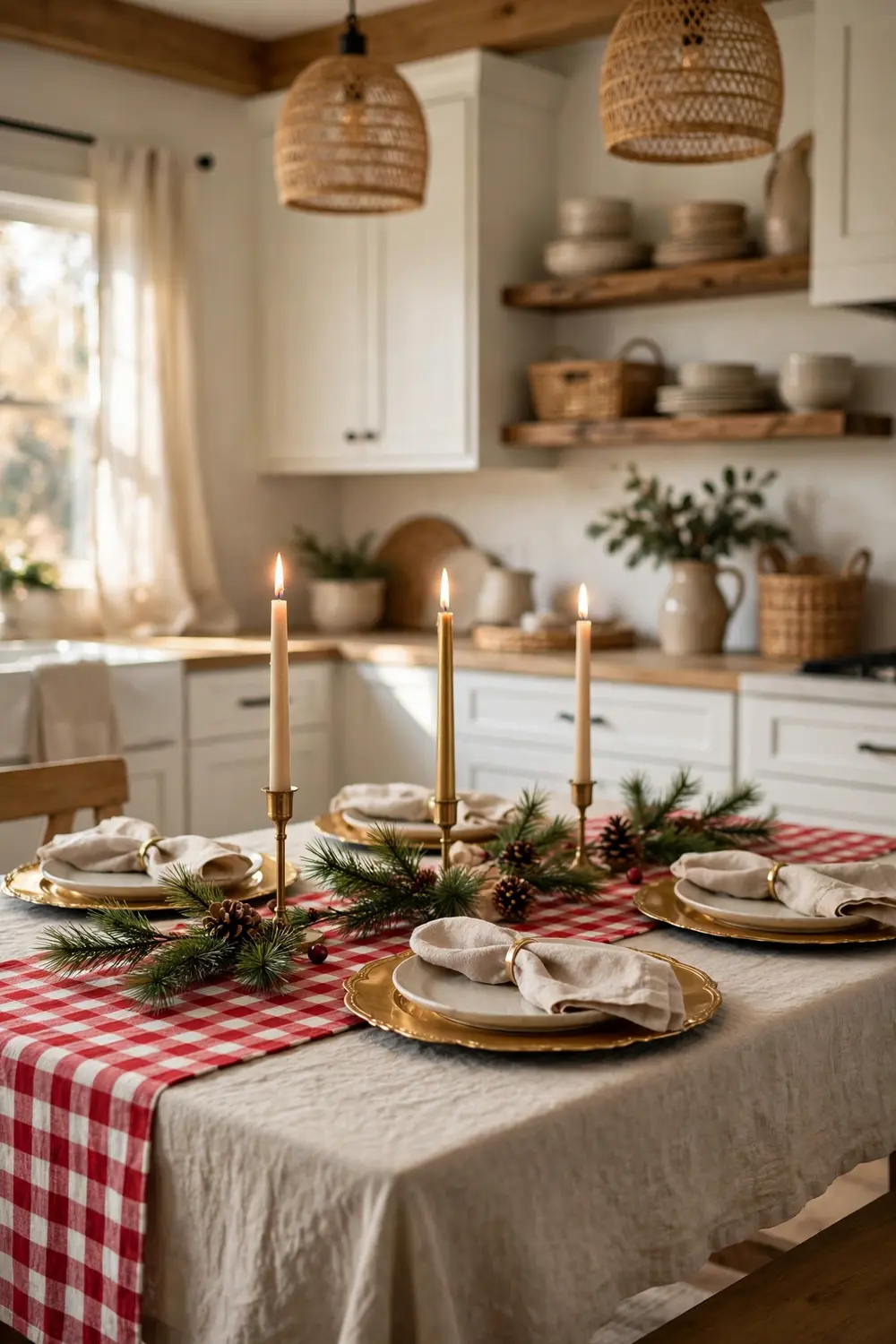Gingham Christmas decor tablescape with layered gingham table runner and candles