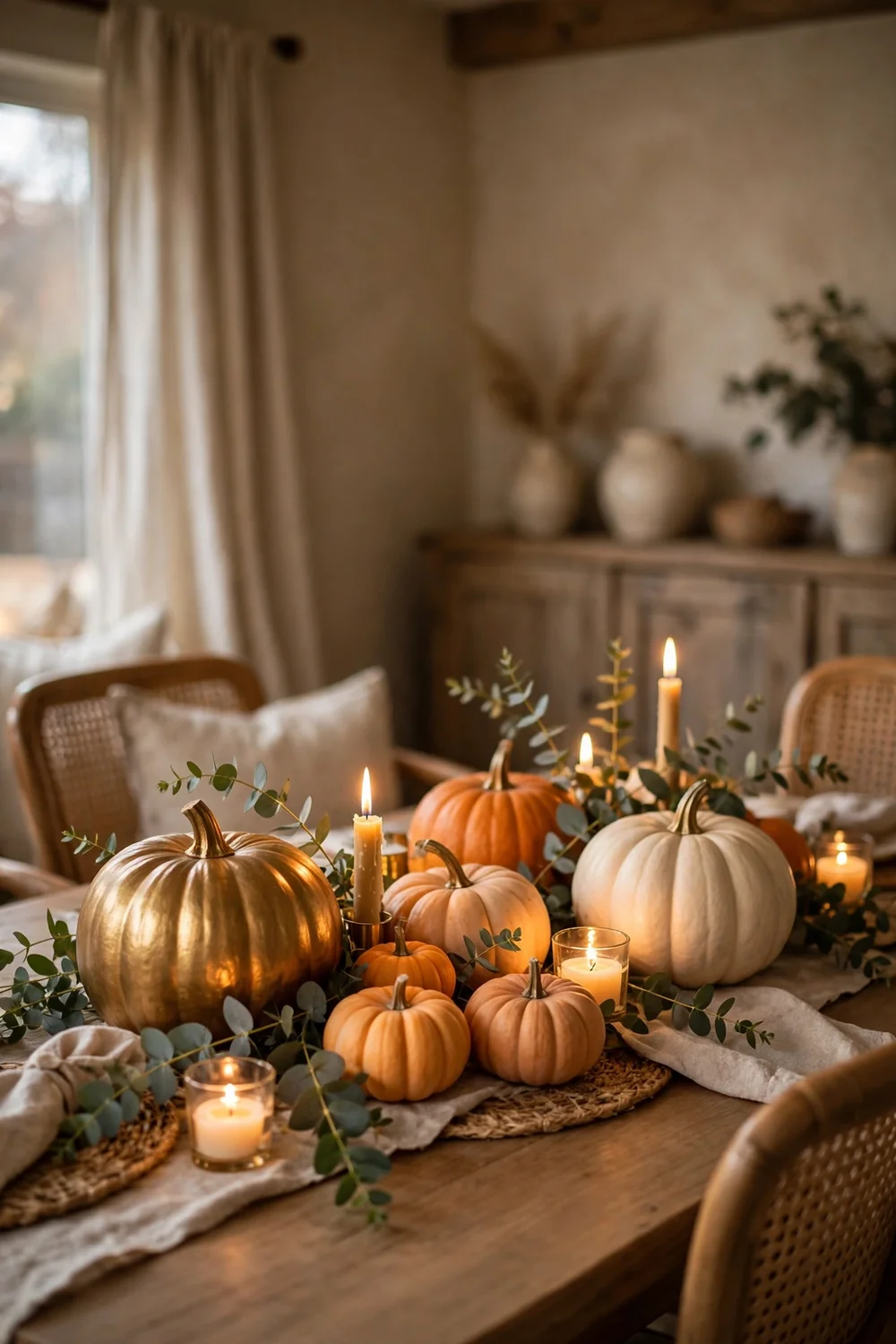 Golden Pumpkin Centerpiece Thanksgiving Dining Room Golden pumpkin centerpiece for thanksgiving dining room decor ideas