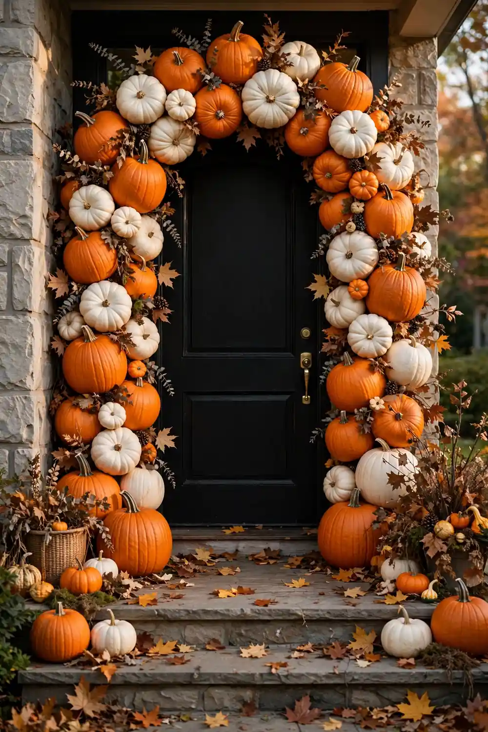 Pumpkin Arch Framing the Front Door Halloween porch decor with an arch of orange and white pumpkins framing a black front door