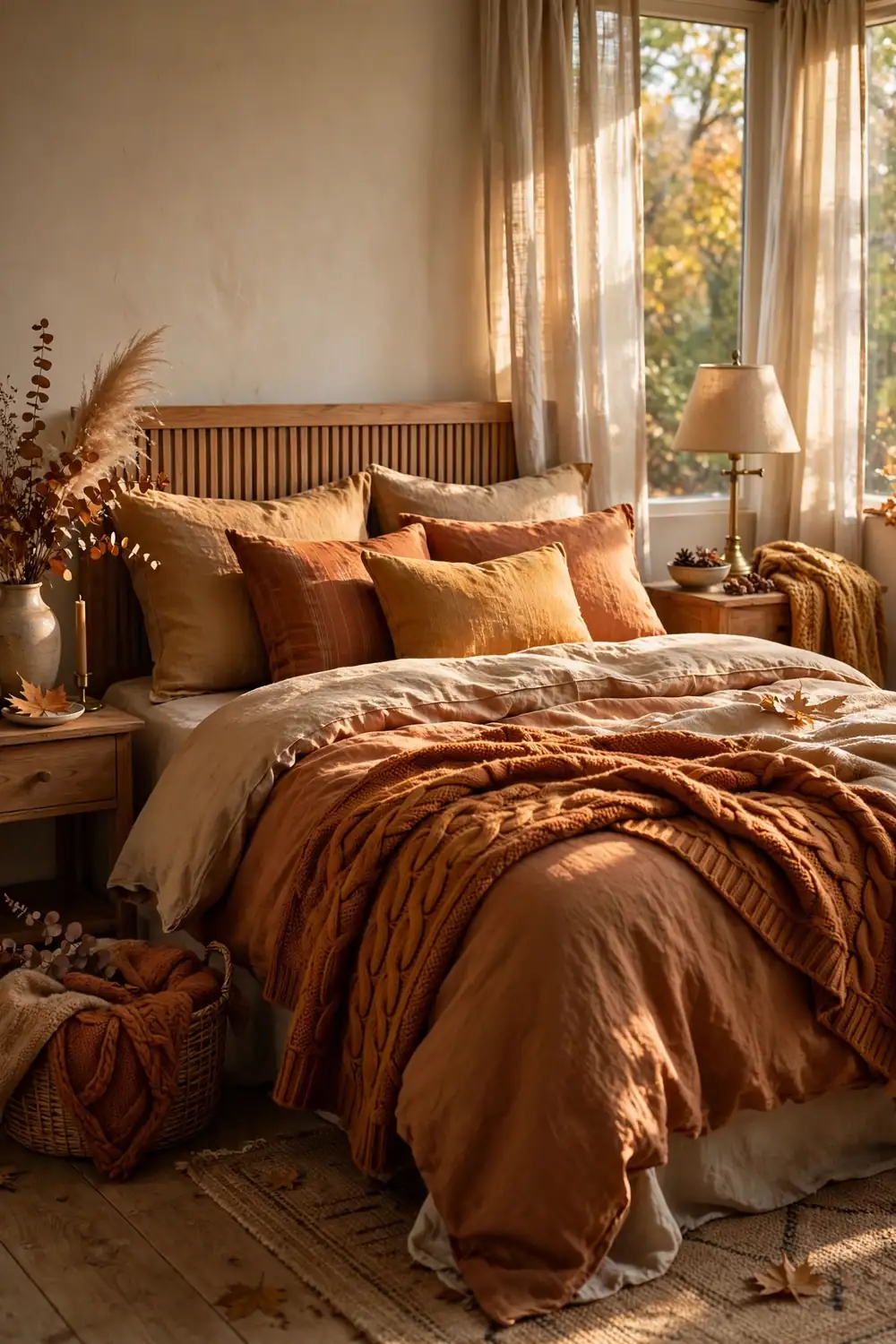 Thanksgiving guest bedroom decor ideas with harvest tone bedding in rust and ochre