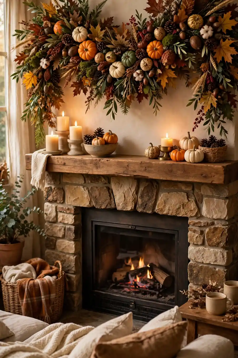 Thanksgiving mantel decor ideas with a lush harvest garland of autumn leaves, mini pumpkins, and pinecones