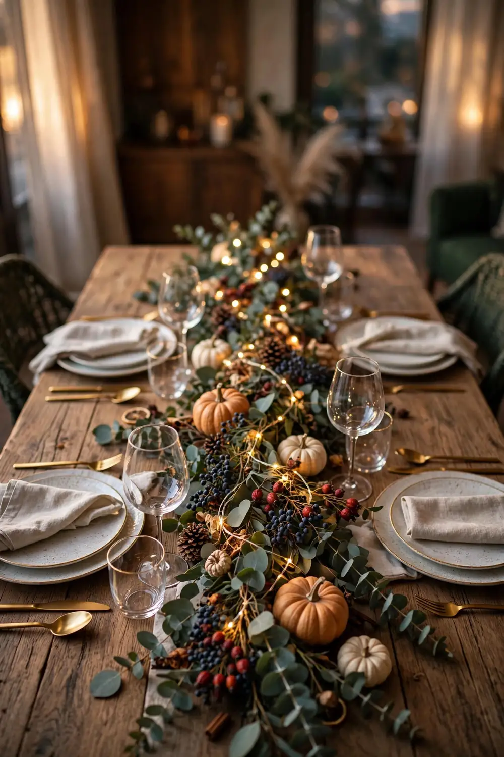 Thanksgiving tablescape idea with harvest garland runner and fairy lights
