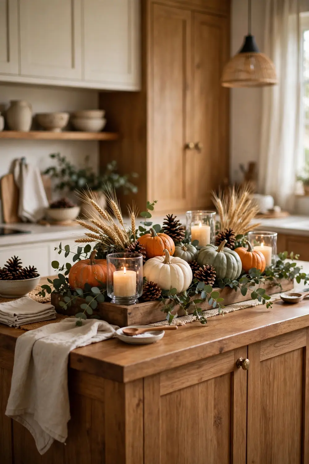 Thanksgiving kitchen island harvest centerpiece Thanksgiving kitchen decor ideas with a low harvest centerpiece of pumpkins wheat and candles on a kitchen island