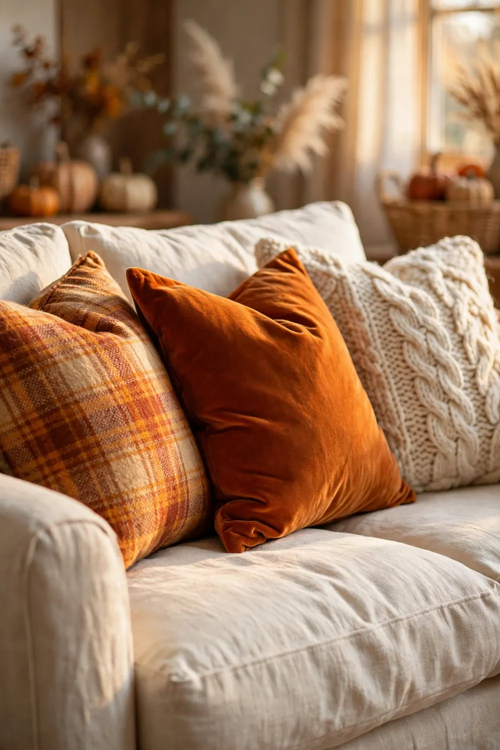Harvest Throw Pillows on the Sofa Cream sofa styled with amber, rust and plaid throw pillows, a cozy thanksgiving living room decor idea