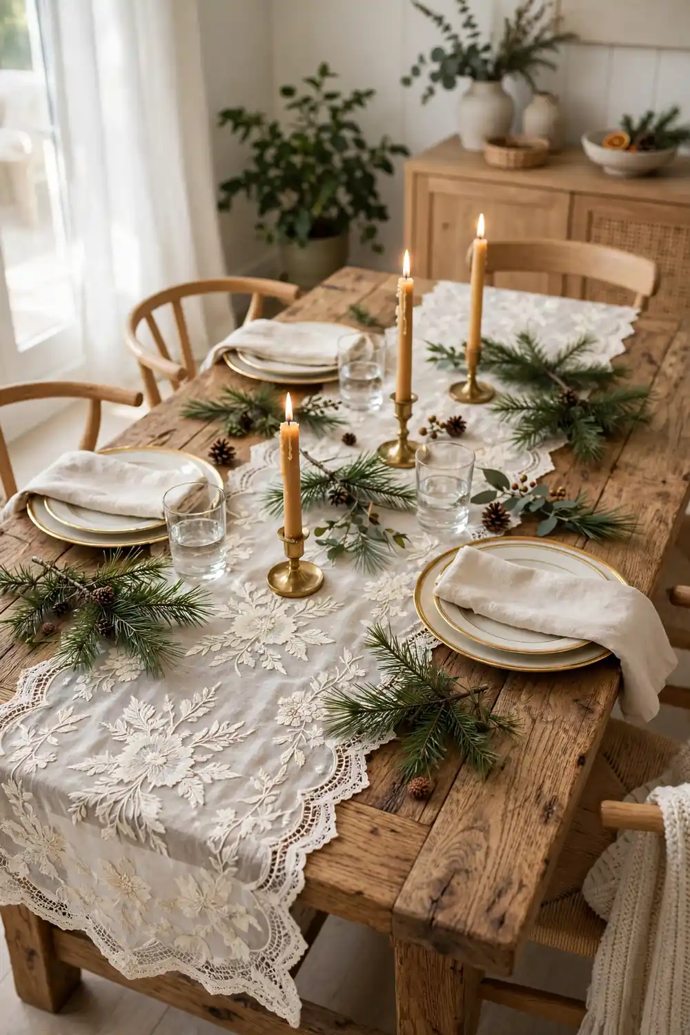 Heirloom lace Christmas table runner with floral embroidery on a rustic wooden dining table