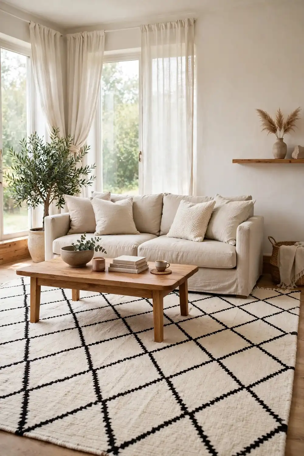 Berber motif decor living room with ivory diamond patterned rug