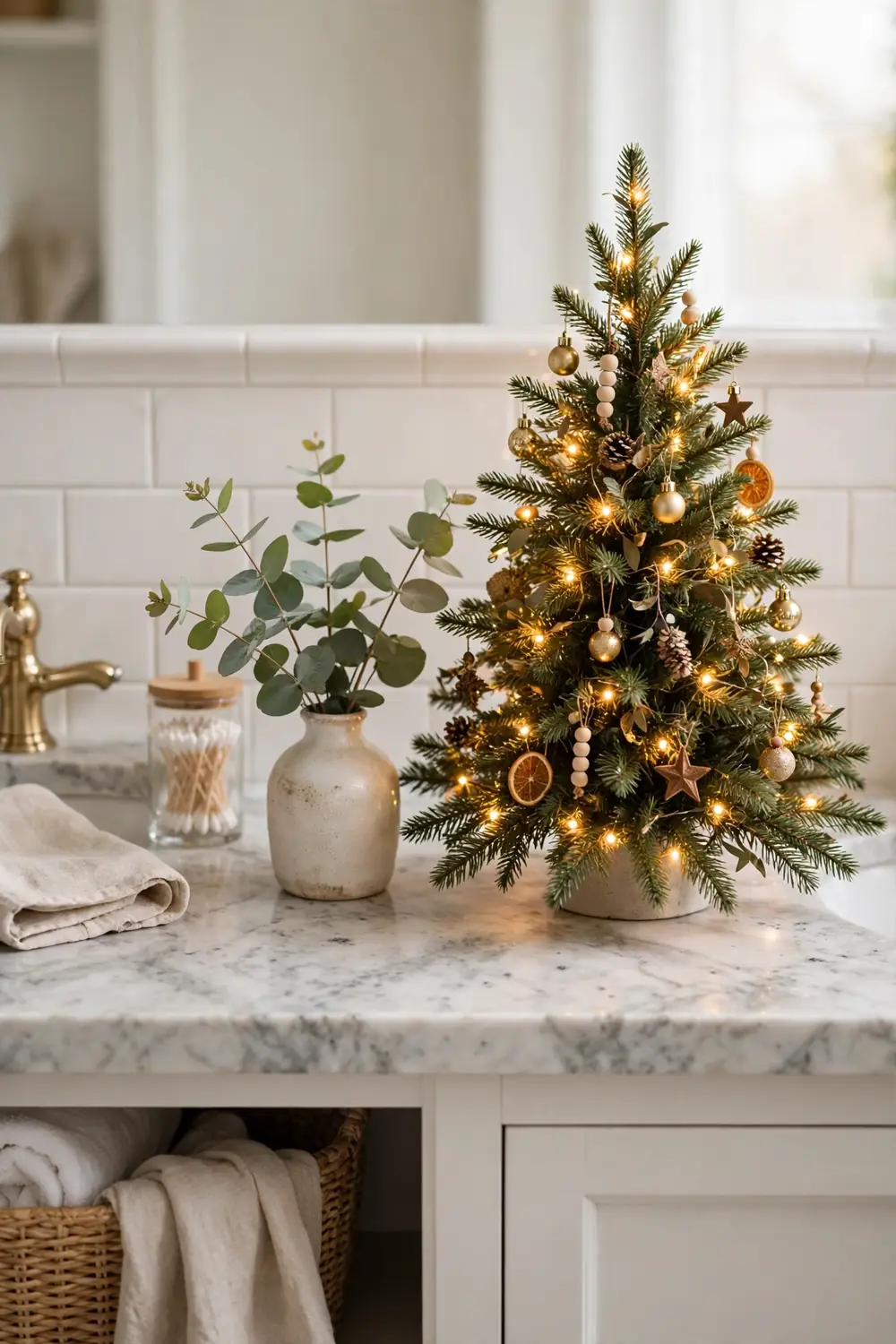 Mini christmas tree decorated with tiny ornaments on a bathroom vanity counter