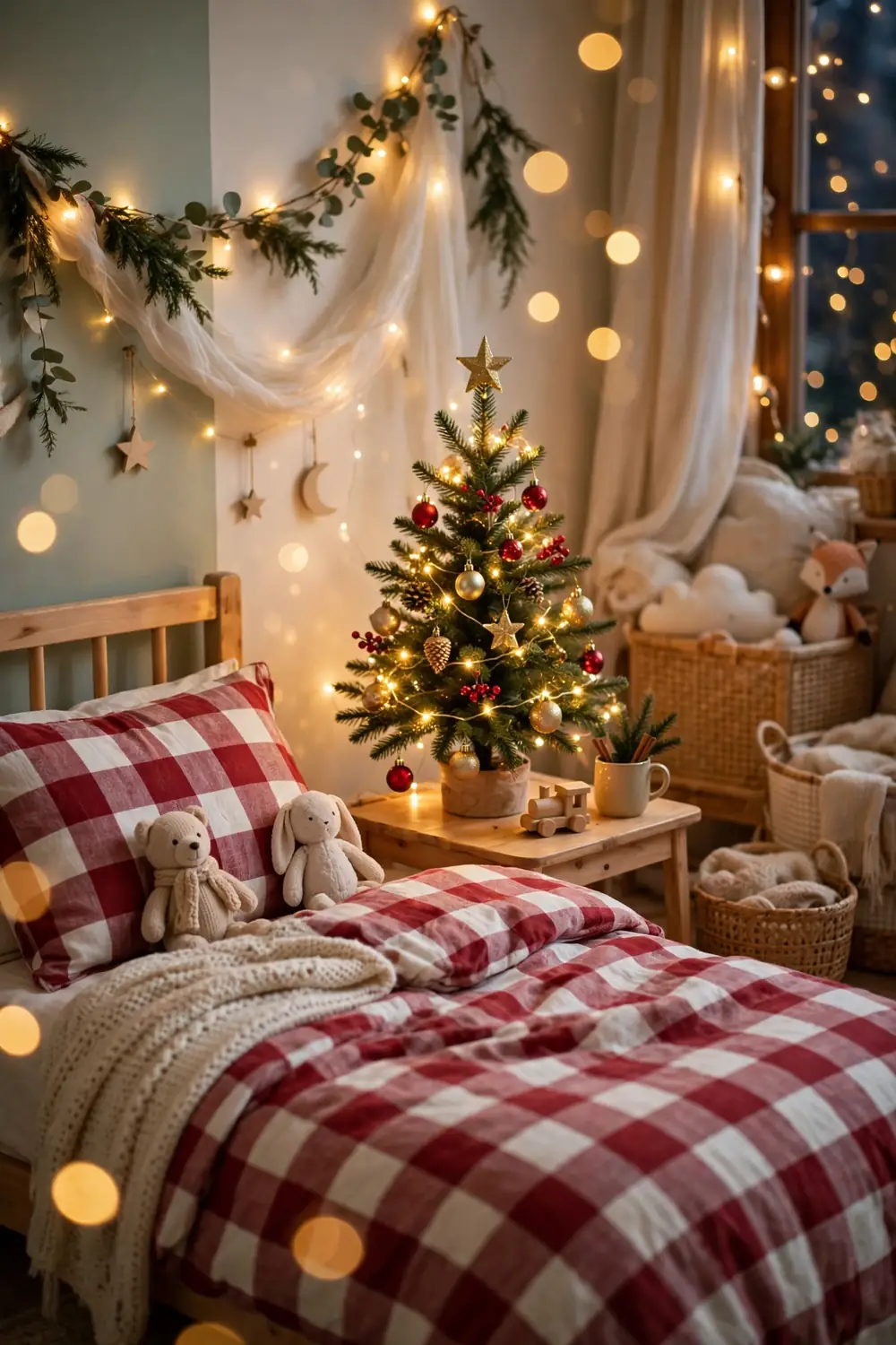 Mini Christmas Tree Kids Can Decorate Themselves Christmas kids room decor ideas with a small decorated tree beside a child bed