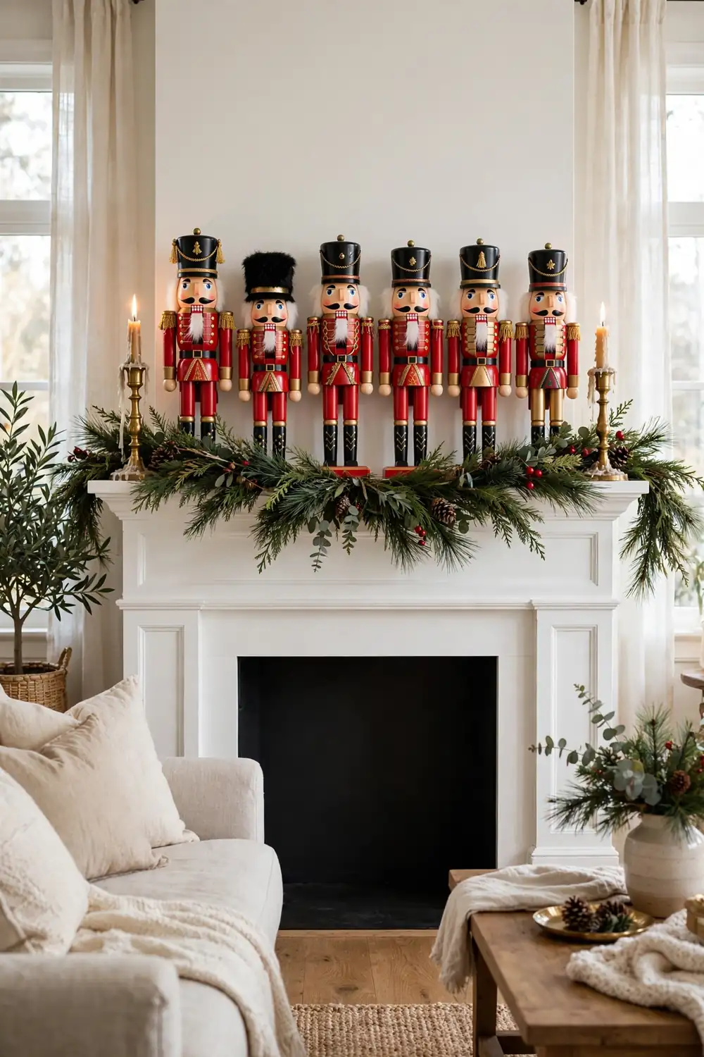 Nutcracker Mantel Lineup Classic wooden nutcracker soldiers lined up on a Christmas mantel