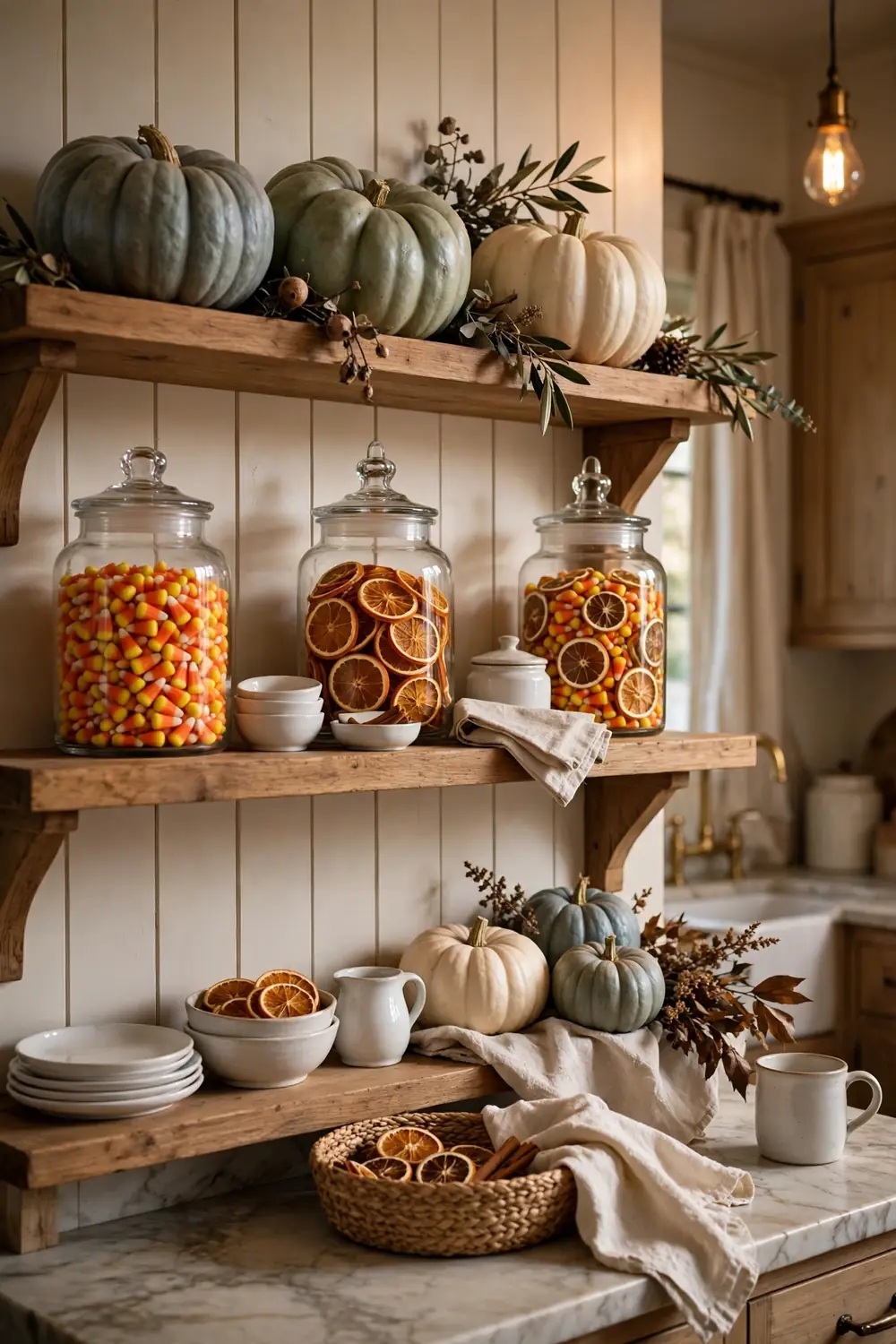 Halloween styled open kitchen shelving with pumpkins and jars Open kitchen shelves styled with heirloom pumpkins, glass apothecary jars, and white dishes for Halloween