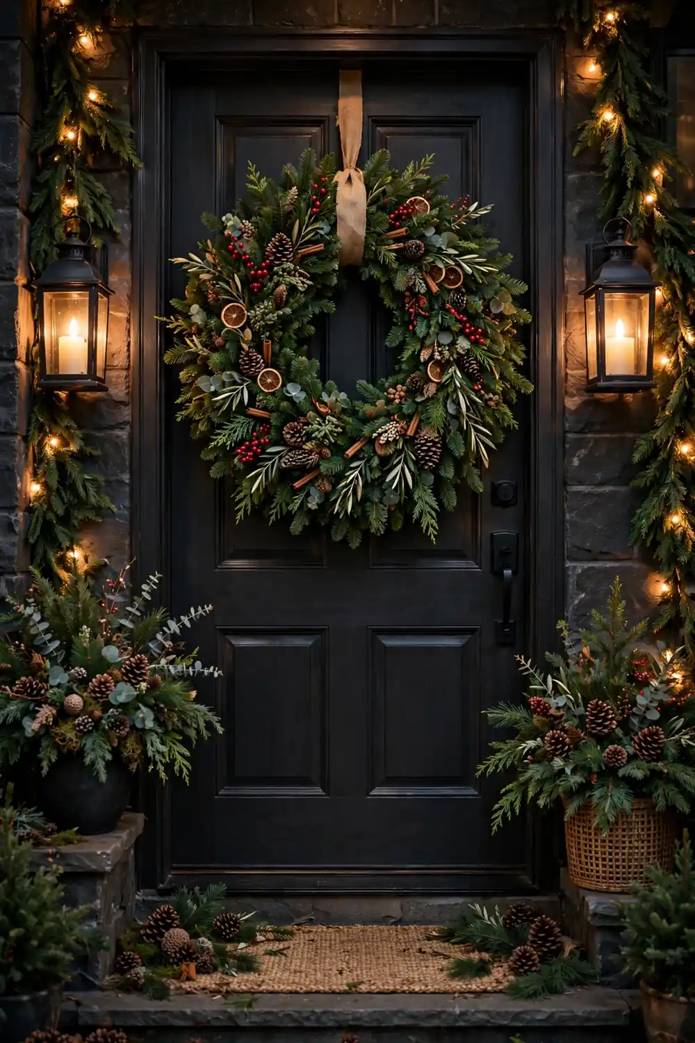 Oversized evergreen wreath on a dark front door with lanterns Oversized evergreen christmas wreath on a dark front door, one of the boldest christmas entryway decor ideas