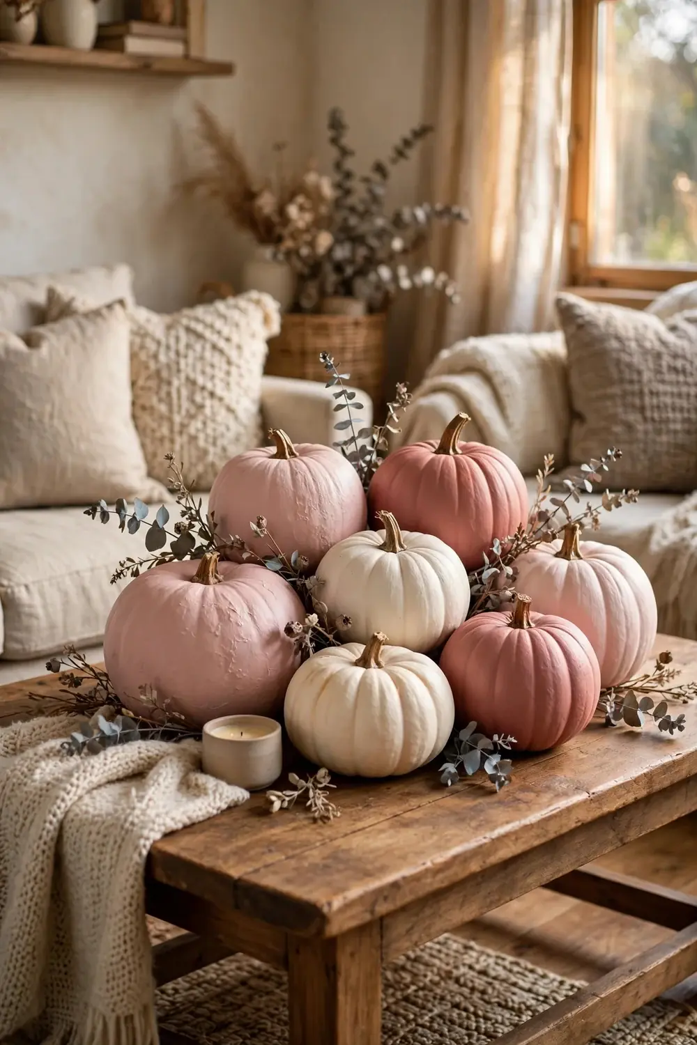 Pink Halloween decor idea with blush pink painted pumpkin cluster