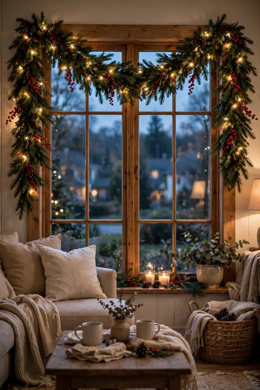 Prelit Christmas garland swag with warm lights draped across a living room window, a cozy christmas window decor ideas look