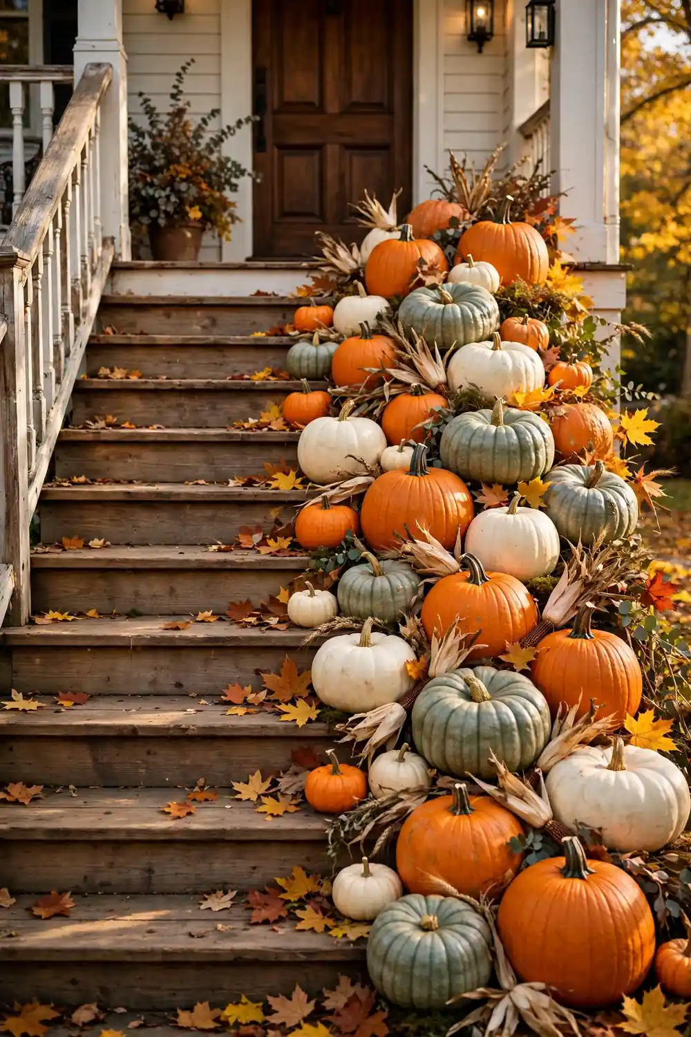 Thanksgiving porch decor ideas with pumpkins cascading down front steps in warm autumn light