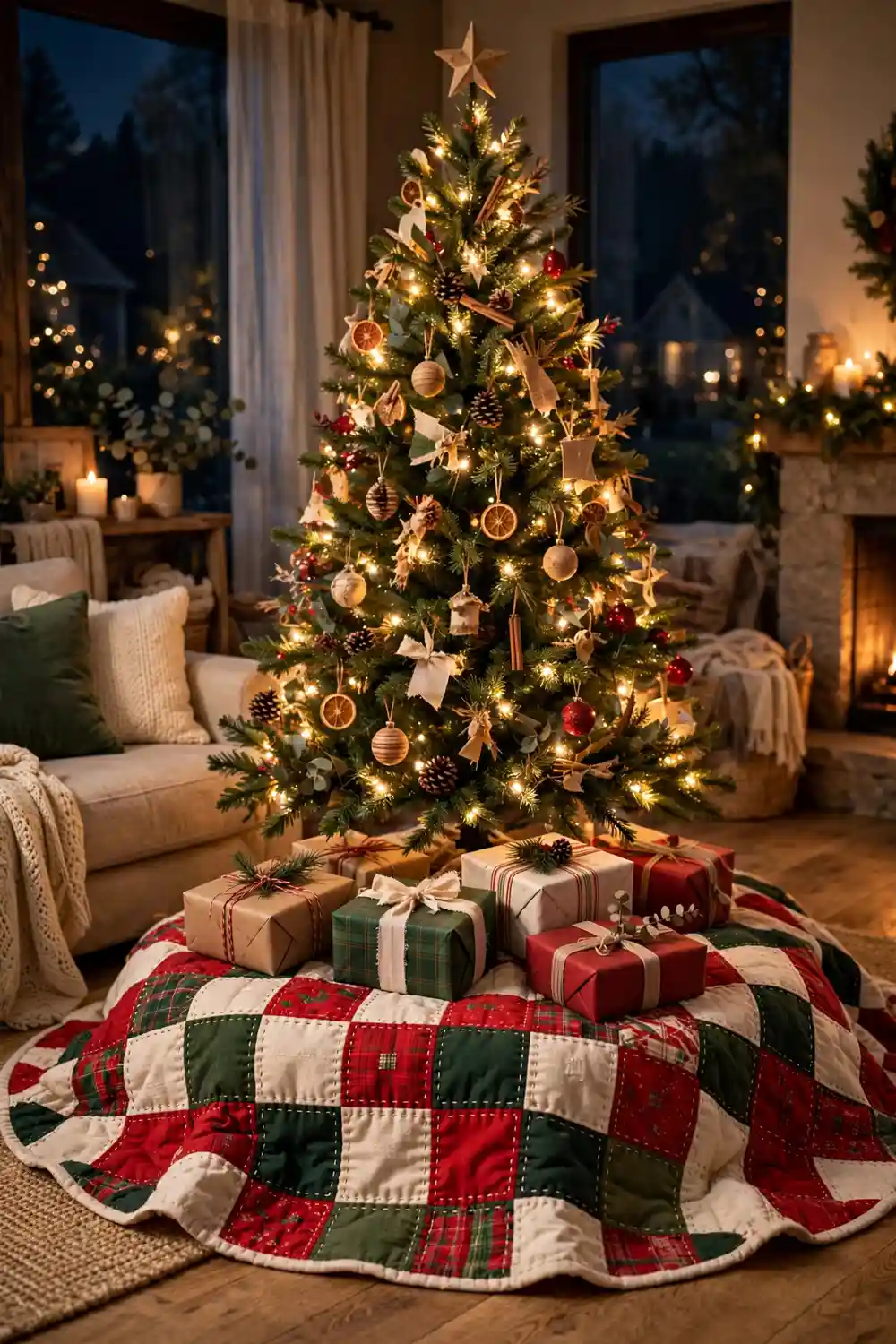 Quilted patchwork Christmas tree skirt idea Quilted patchwork Christmas tree skirt with red green and cream fabric squares under a glowing holiday tree