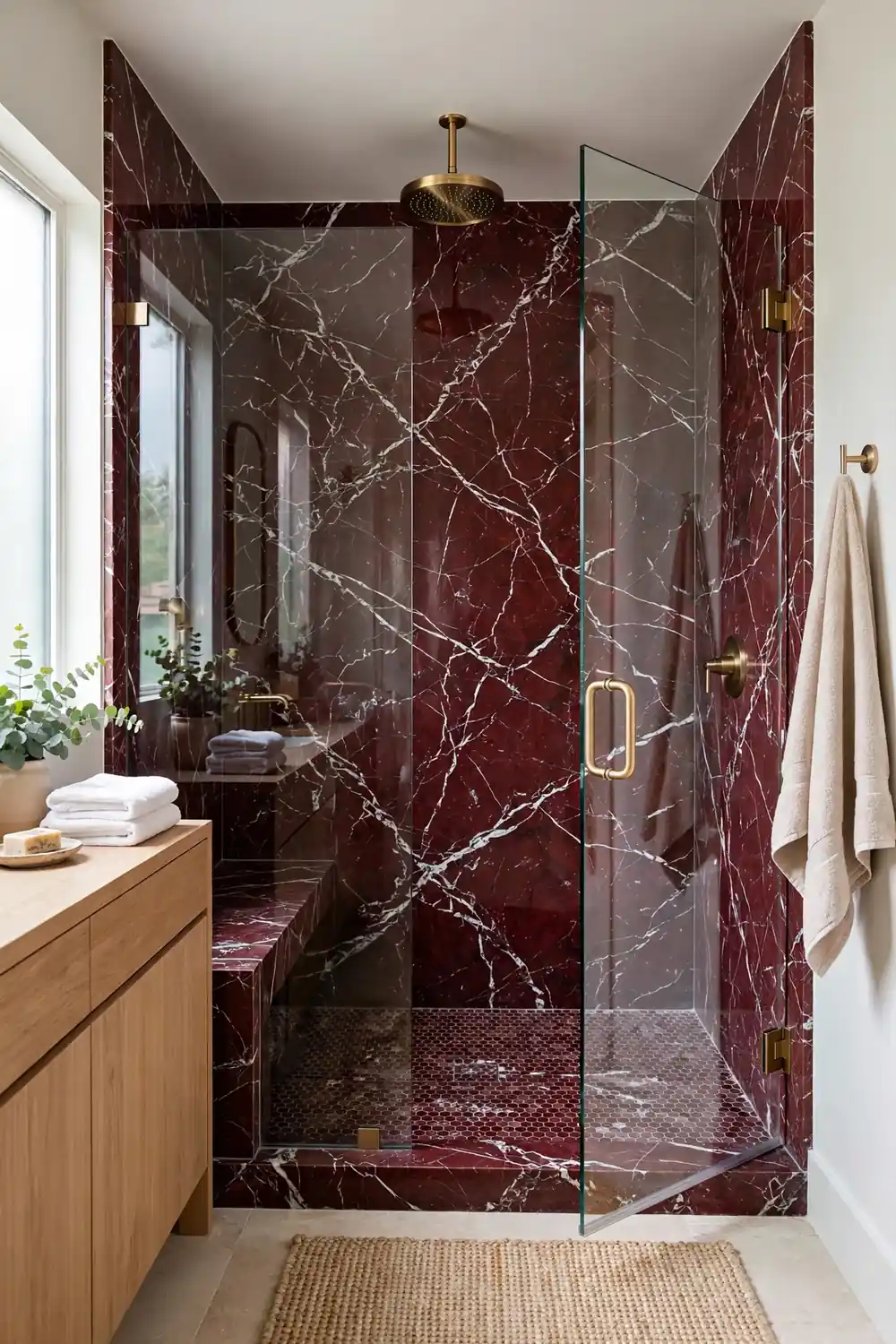 Floor to Ceiling Red Marble Shower Walls Luxurious shower with floor to ceiling red marble bathroom walls in deep burgundy Rosso Levanto
